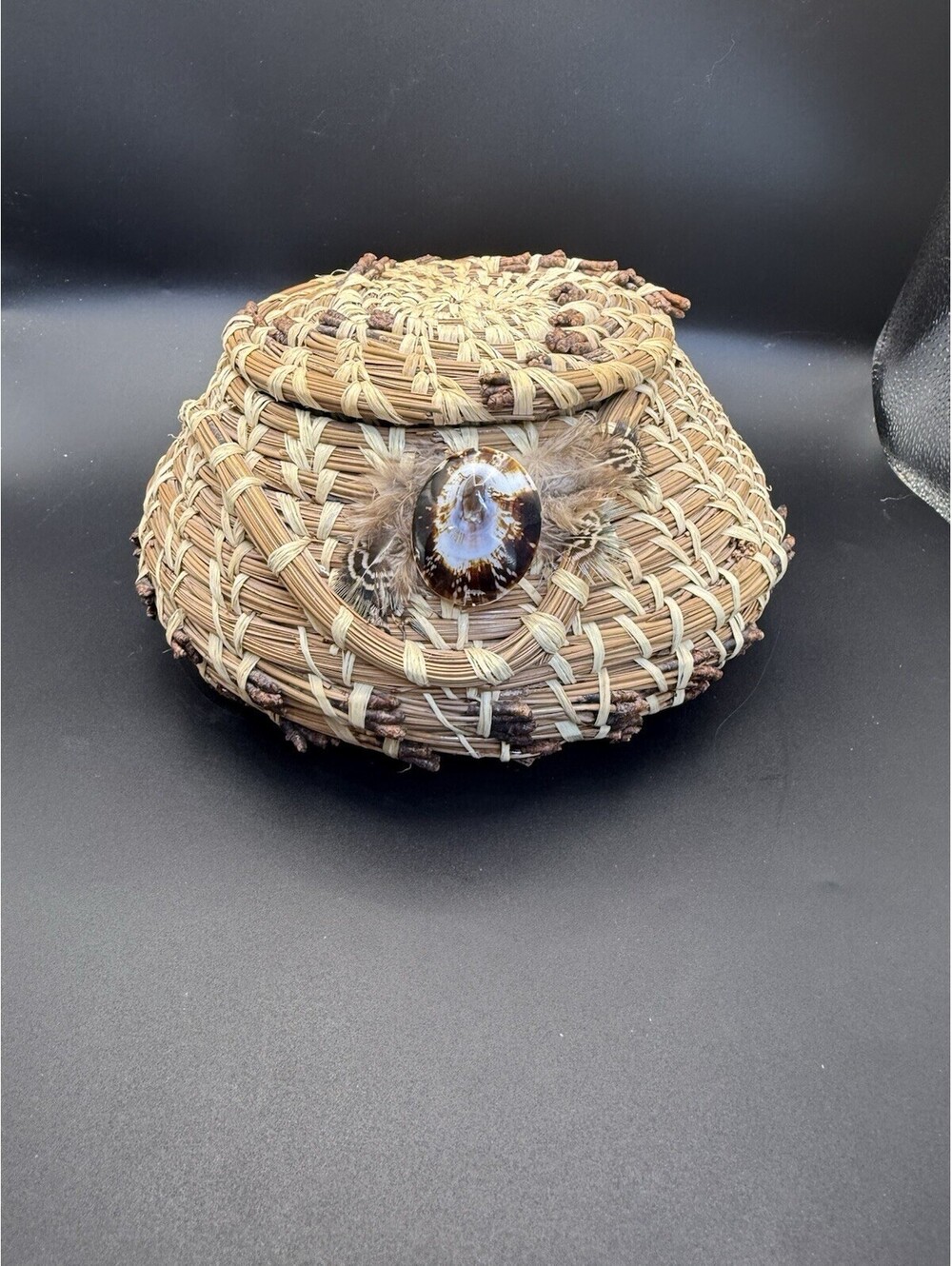Vintage Handwoven Pine Needle Basket w/ Lid Shell Feather Accent Rustic Folk Art